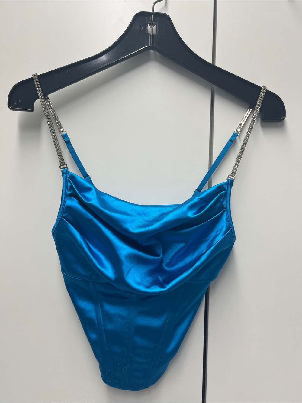 Forever 21 Blue Satin Cowl Neck Top with Crystal Straps